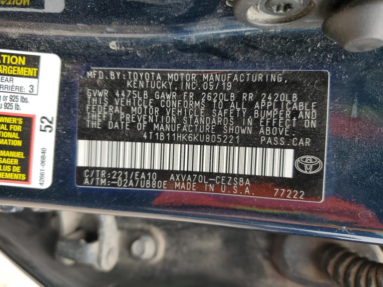 4T1B11HK6KU805221 2019 Toyota Camry L