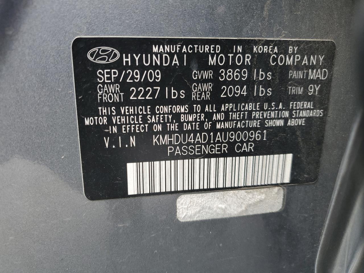 KMHDU4AD1AU900961 2010 Hyundai Elantra Blue