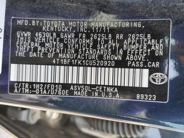 2012 Toyota Camry Base VIN: 4T1BF1FK1CU520920 Lot: 55891914