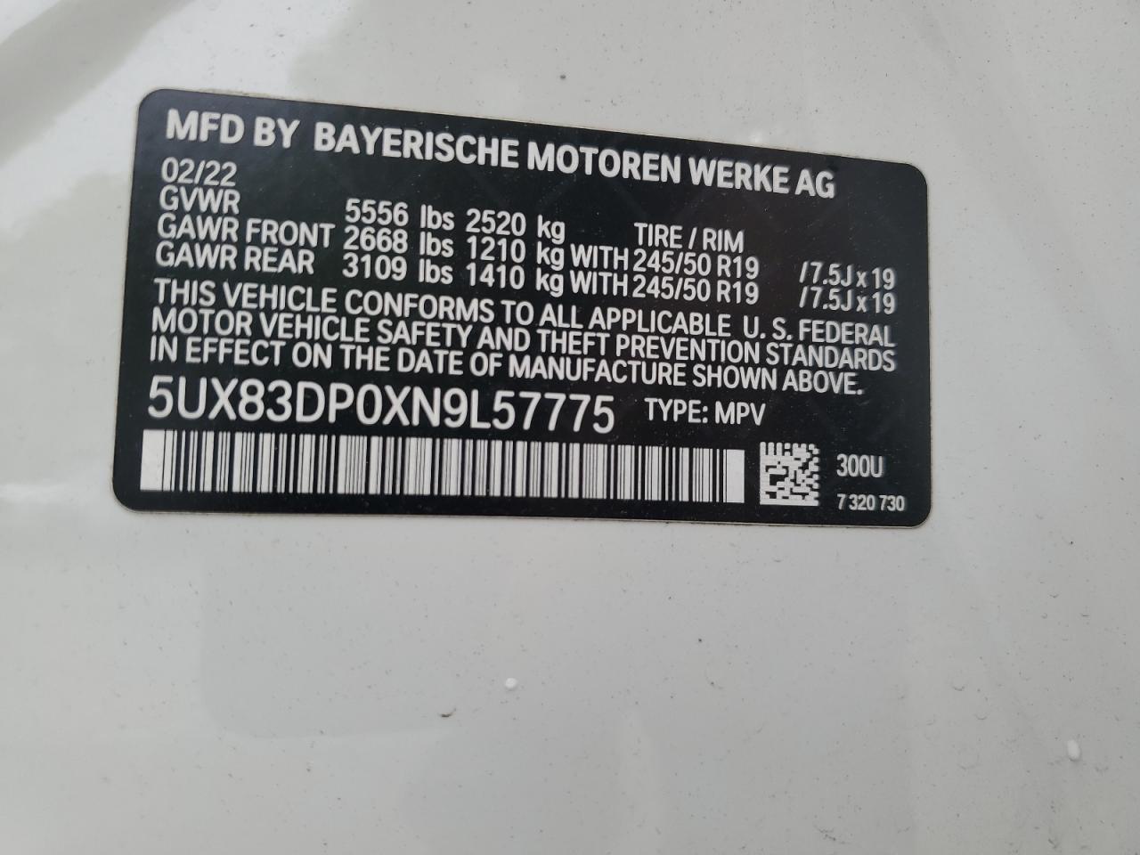 5UX83DP0XN9L57775 2022 BMW X3 M40I