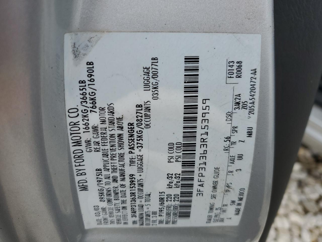 3FAFP31363R153959 2003 Ford Focus Zx3