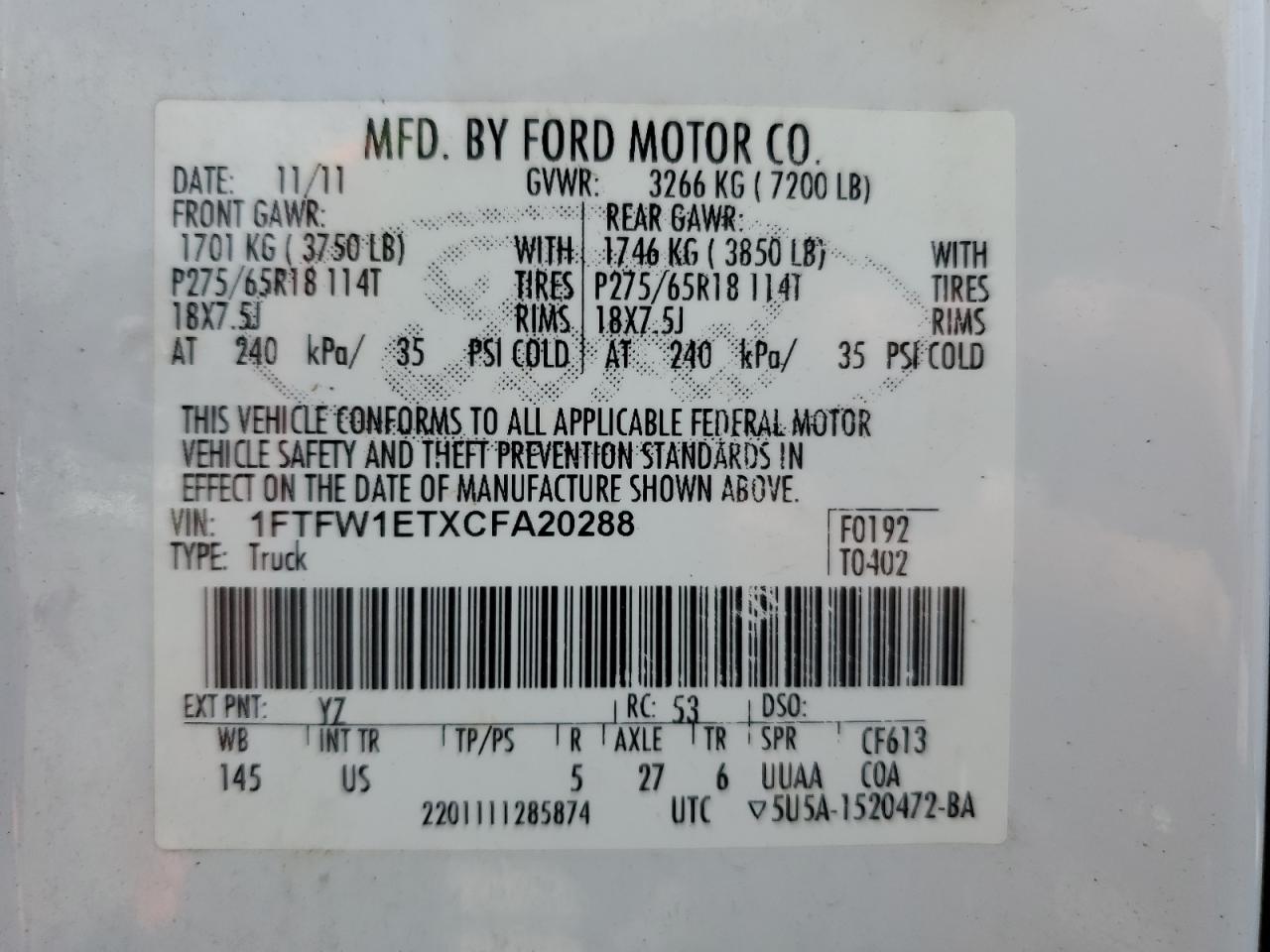 1FTFW1ETXCFA20288 2012 Ford F150 Supercrew