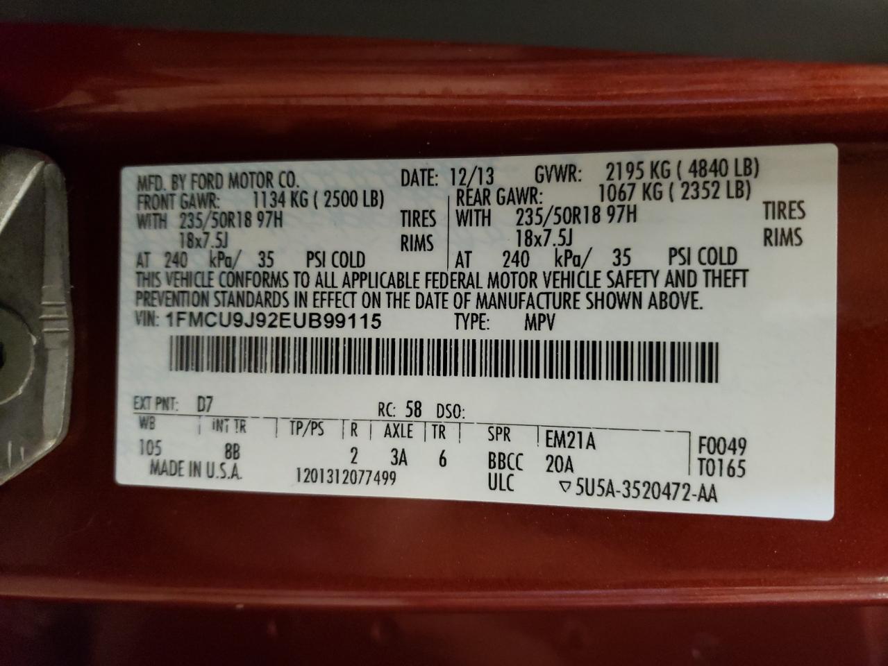 1FMCU9J92EUB99115 2014 Ford Escape Titanium