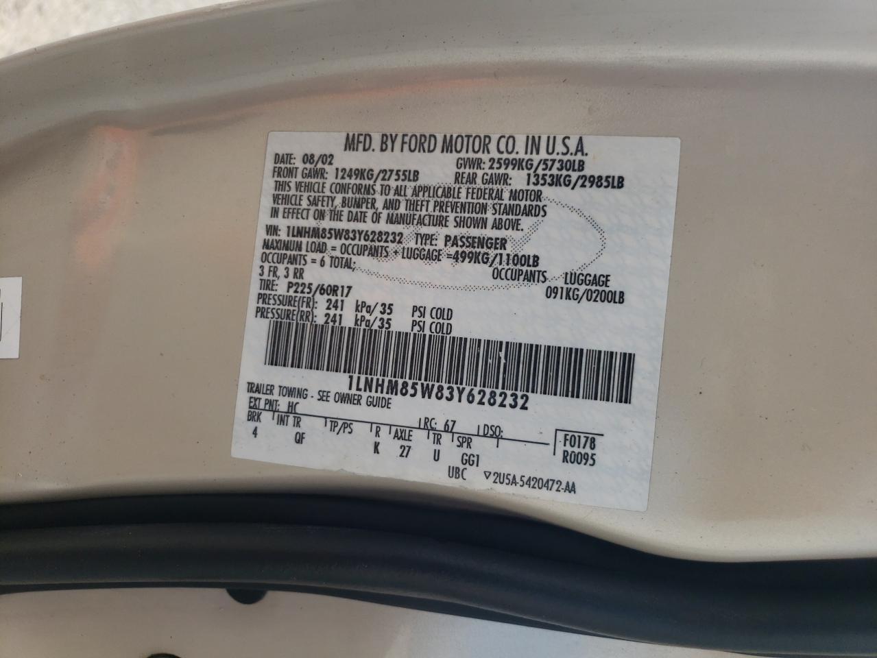 1LNHM85W83Y628232 2003 Lincoln Town Car Cartier L