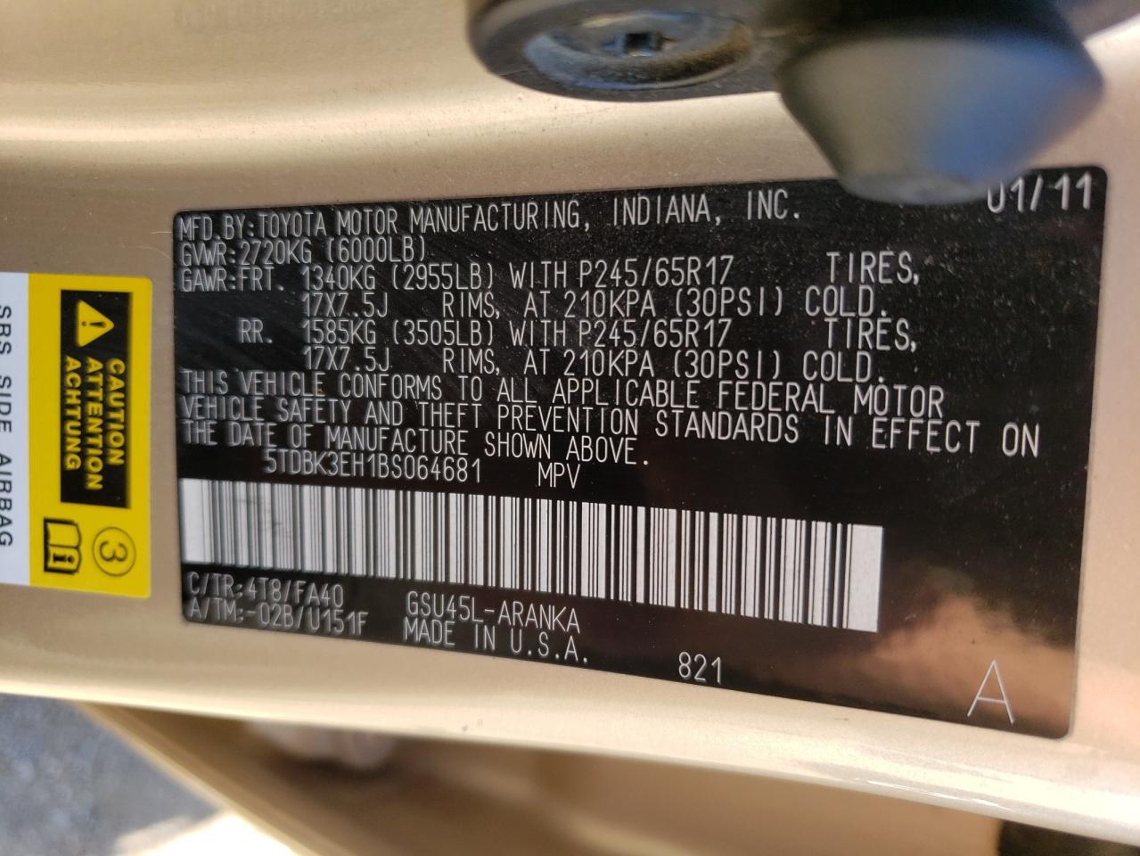 5TDBK3EH1BS064681 2011 Toyota Highlander Base