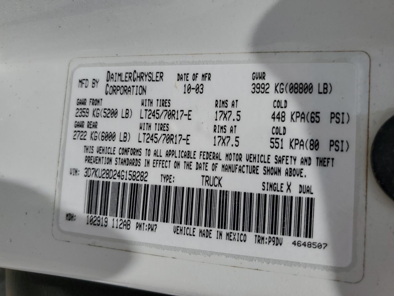 3D7KU28D24G158282 2004 Dodge Ram 2500 St