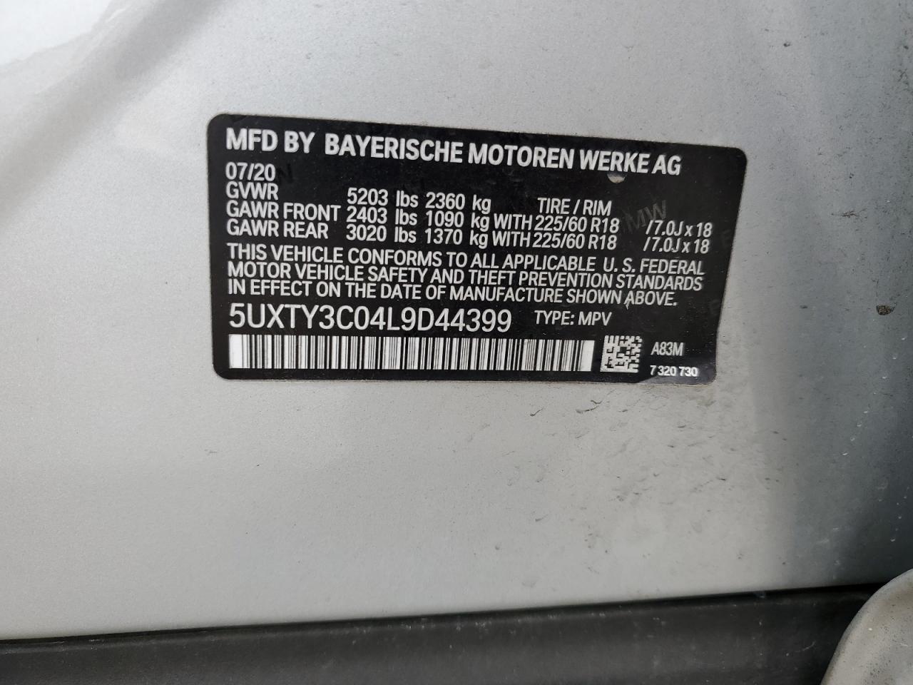 5UXTY3C04L9D44399 2020 BMW X3 Sdrive30I
