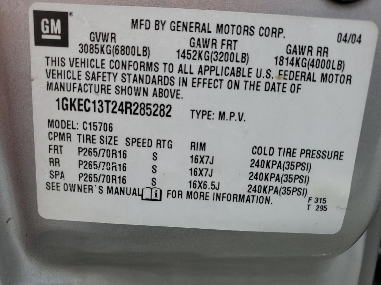 1GKEC13T24R285282 2004 GMC Yukon