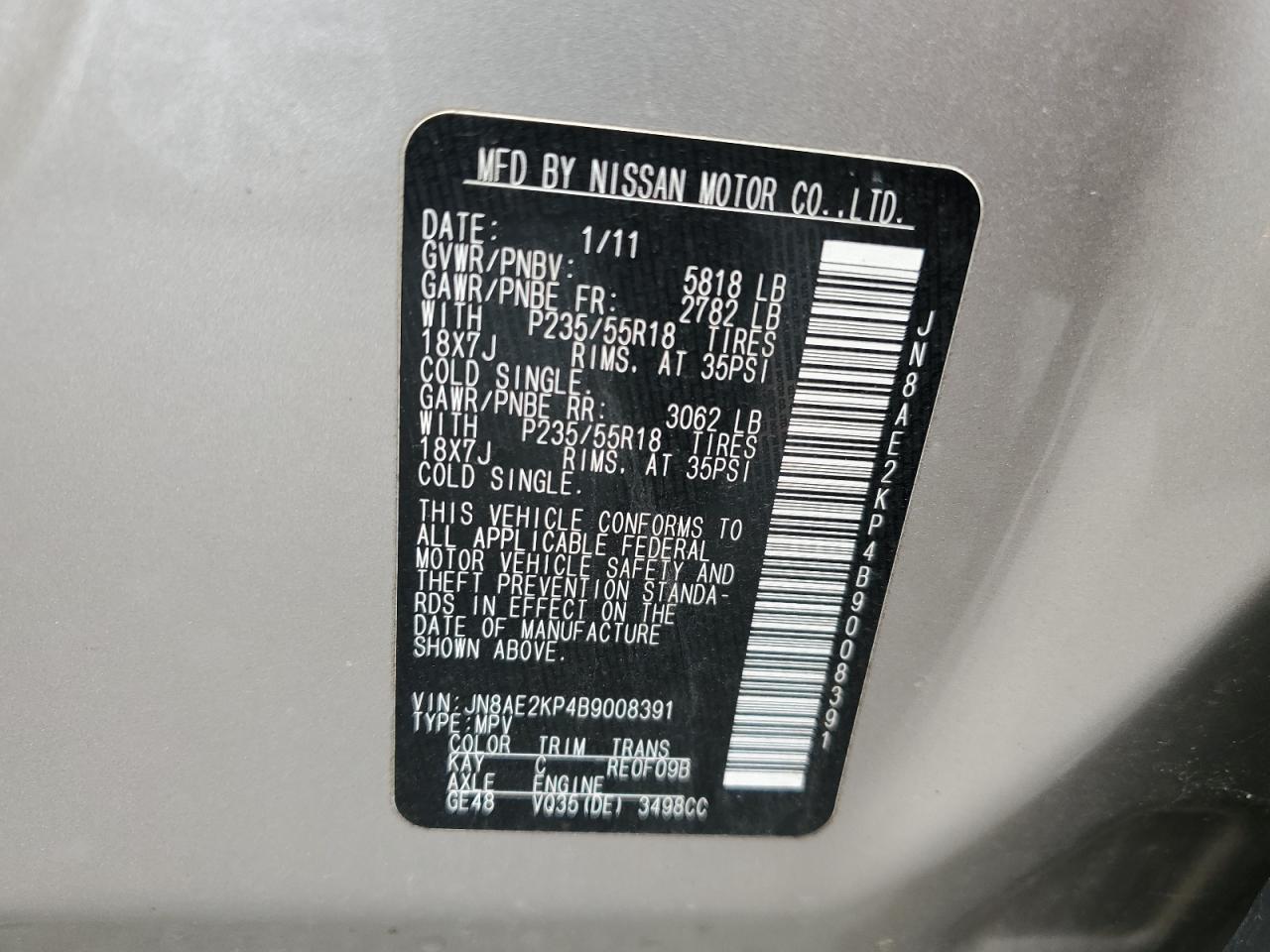 JN8AE2KP4B9008391 2011 Nissan Quest S