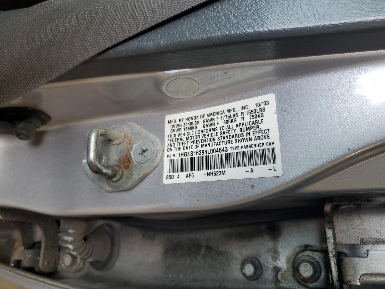 1HGES16394L004643 2004 Honda Civic Dx Vp