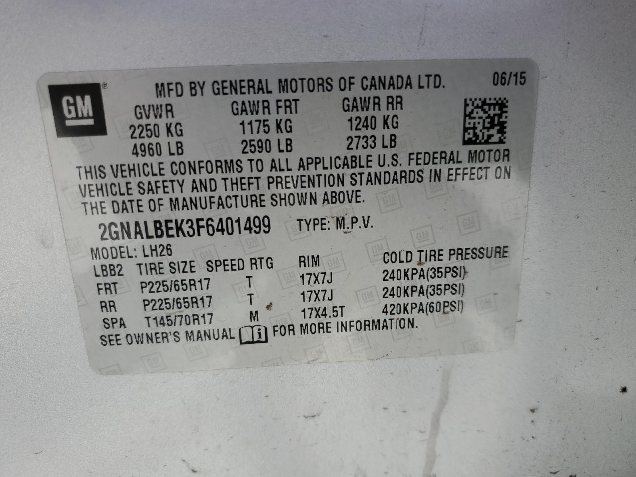 2GNALBEK3F6401499 2015 Chevrolet Equinox Lt