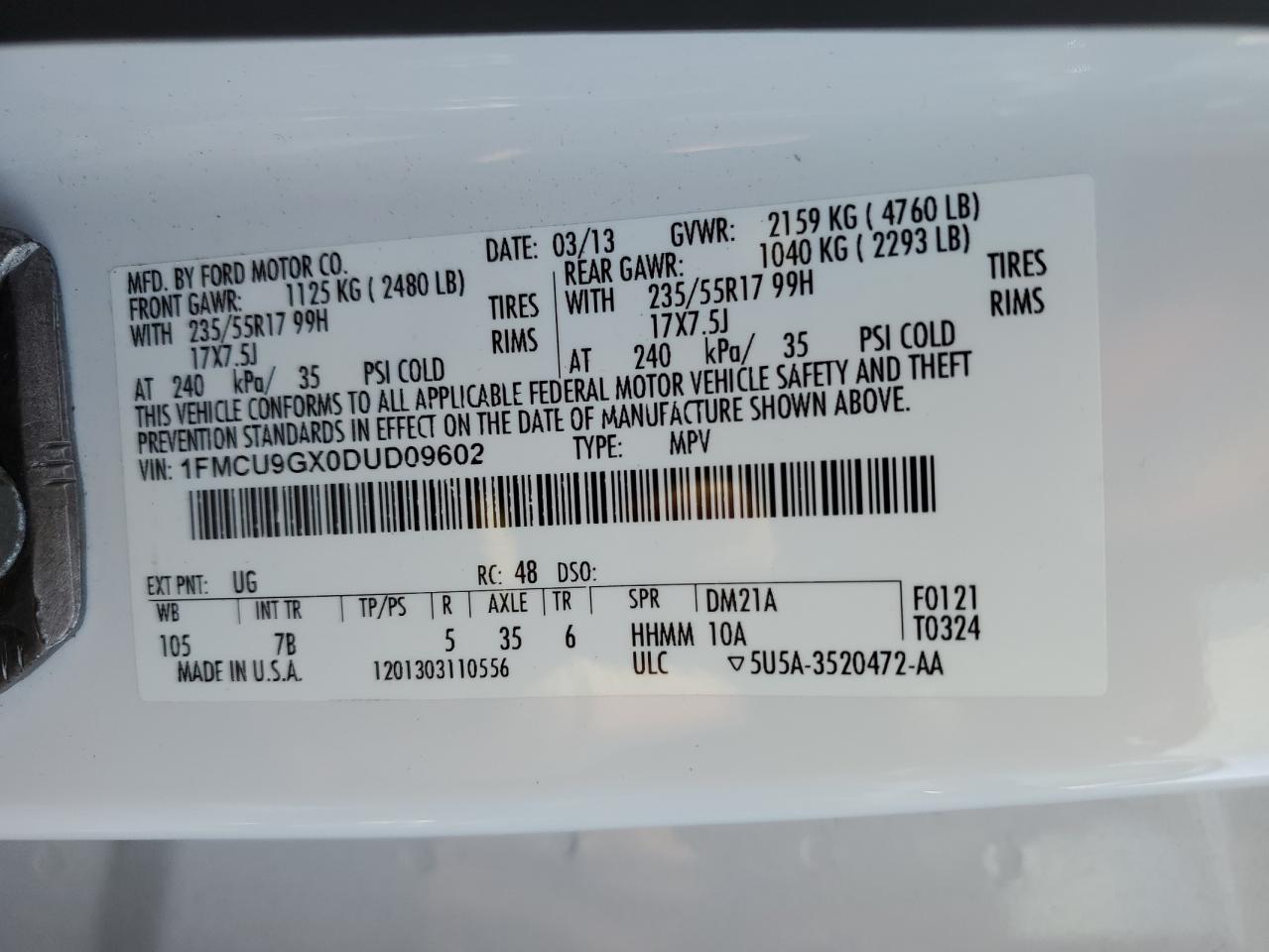 1FMCU9GX0DUD09602 2013 Ford Escape Se