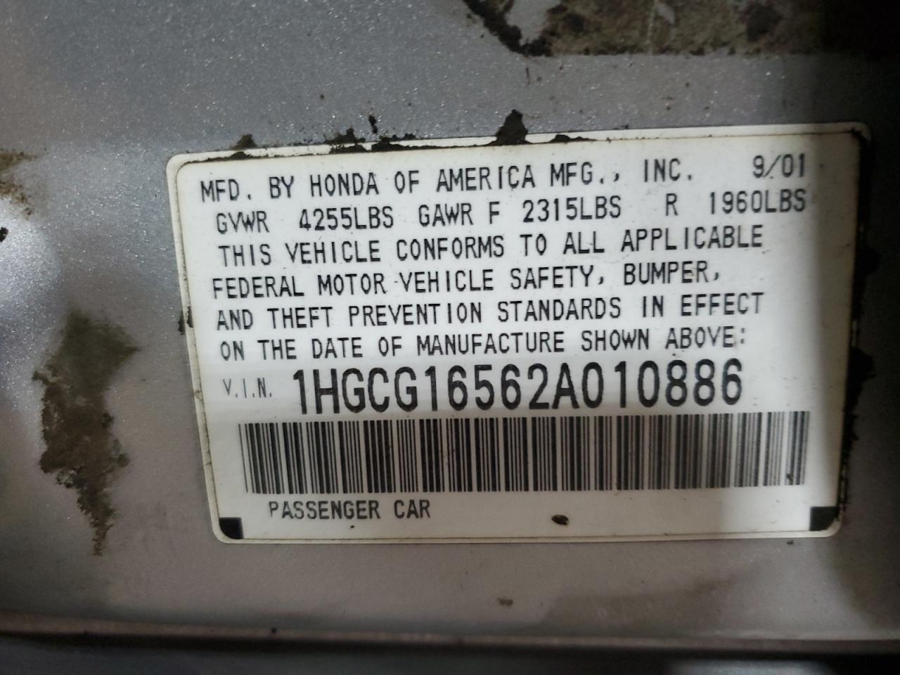 1HGCG16562A010886 2002 Honda Accord Ex