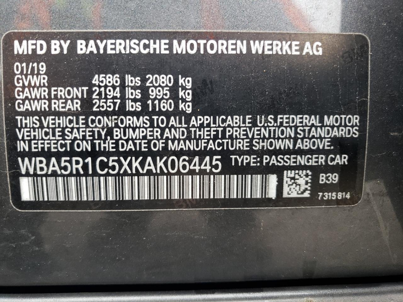 WBA5R1C5XKAK06445 2019 BMW 330I