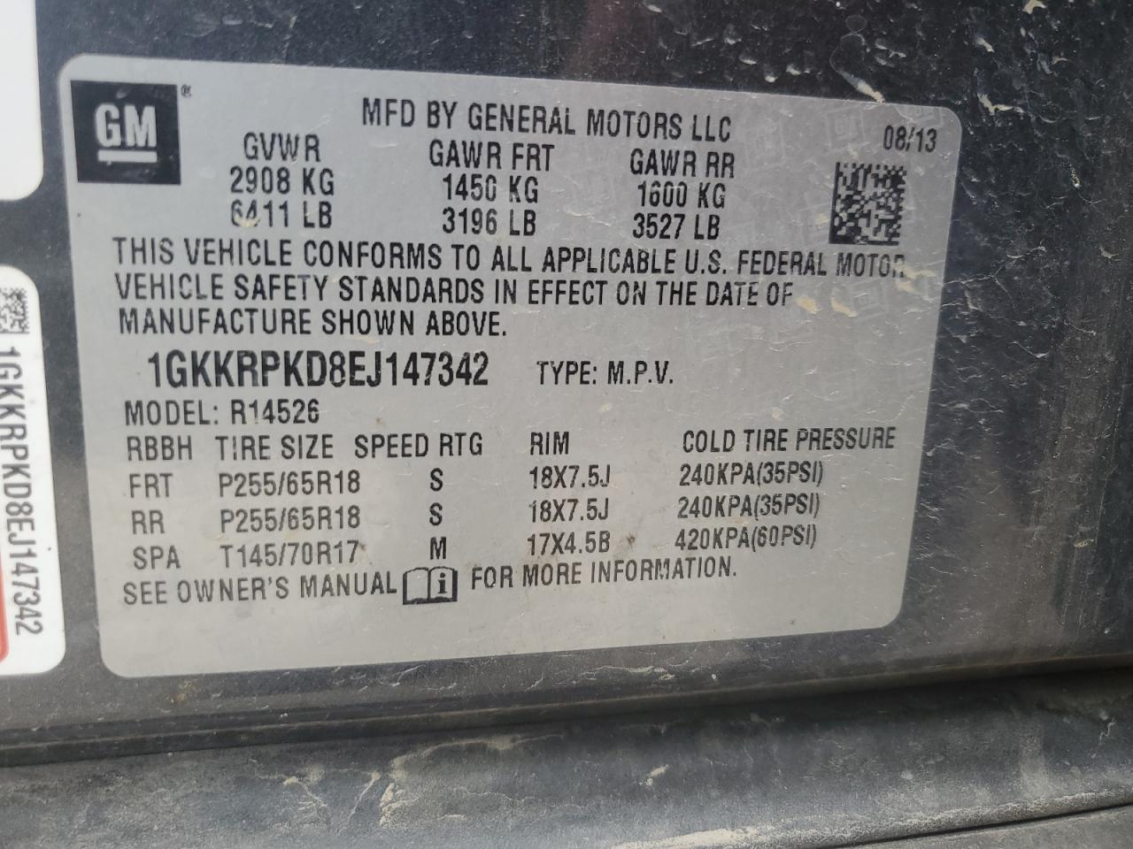 1GKKRPKD8EJ147342 2014 GMC Acadia Sle