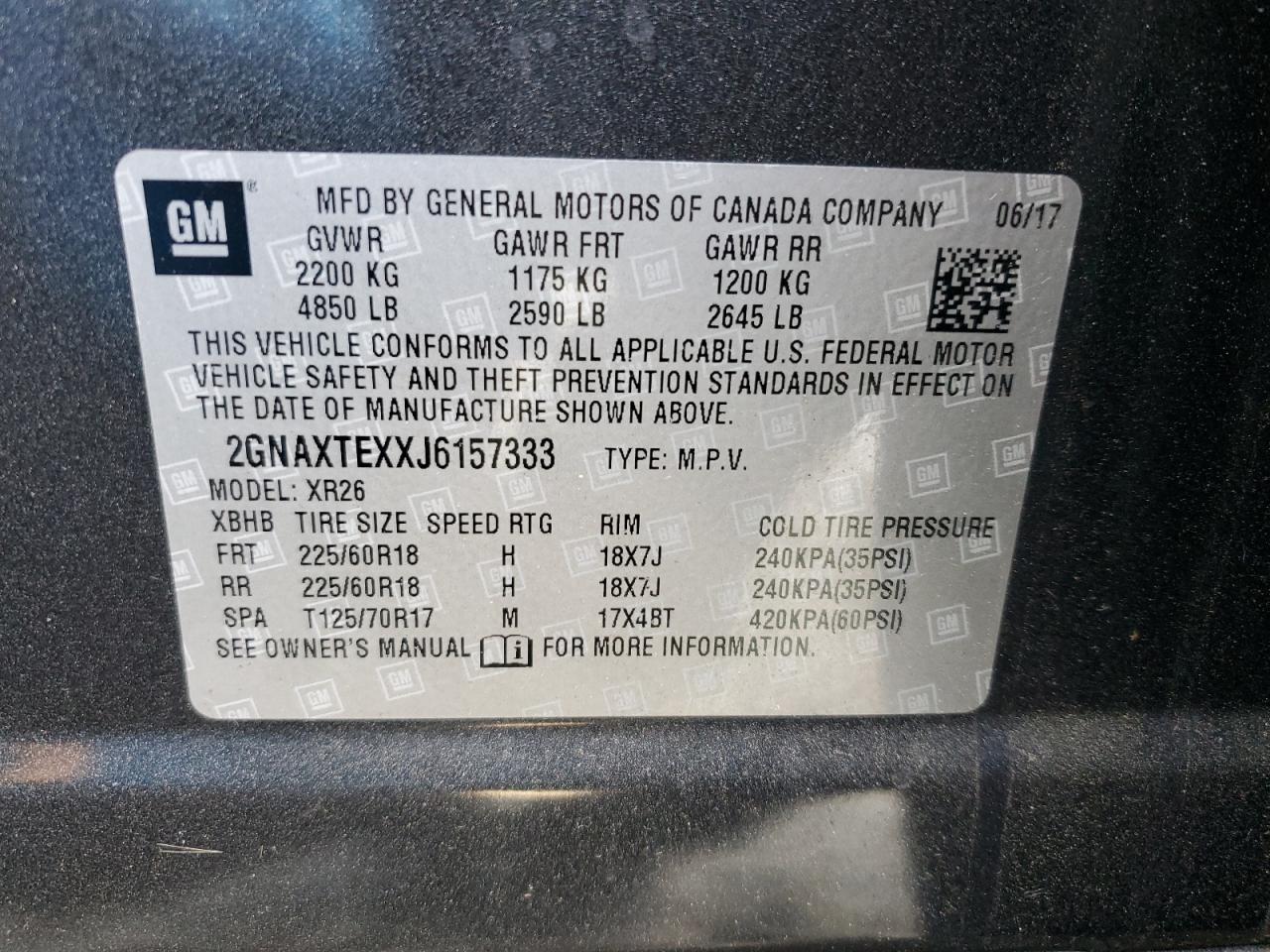 2GNAXTEXXJ6157333 2018 Chevrolet Equinox Lt