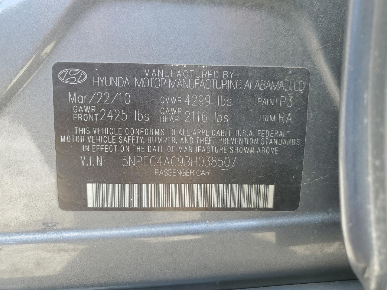 5NPEC4AC9BH038507 2011 Hyundai Sonata Se