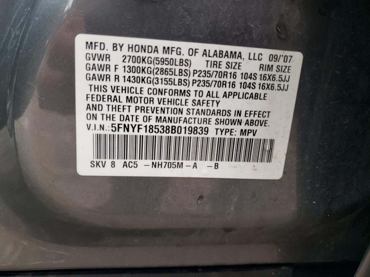 5FNYF18538B019839 2008 Honda Pilot Exl