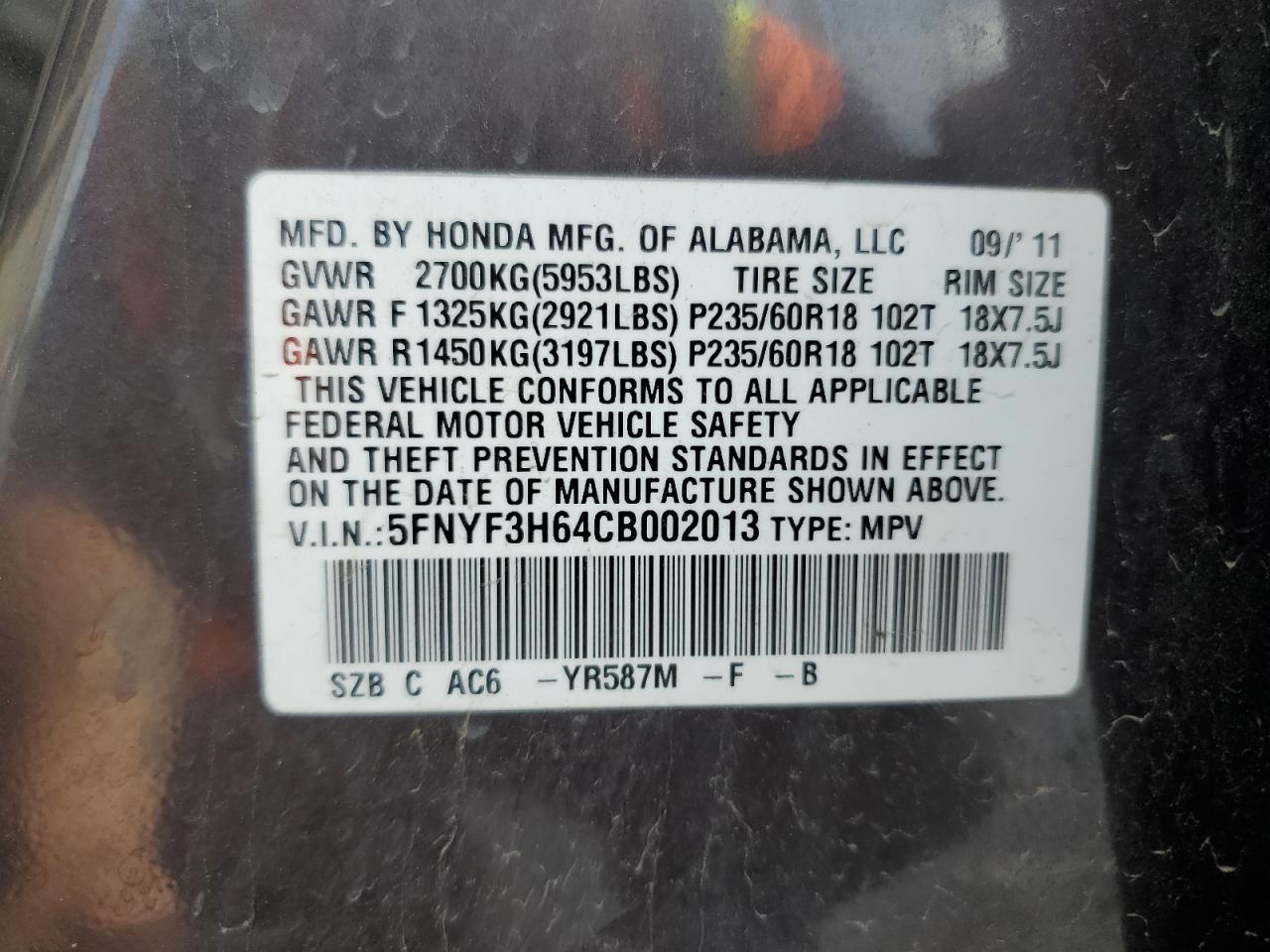 5FNYF3H64CB002013 2012 Honda Pilot Exl