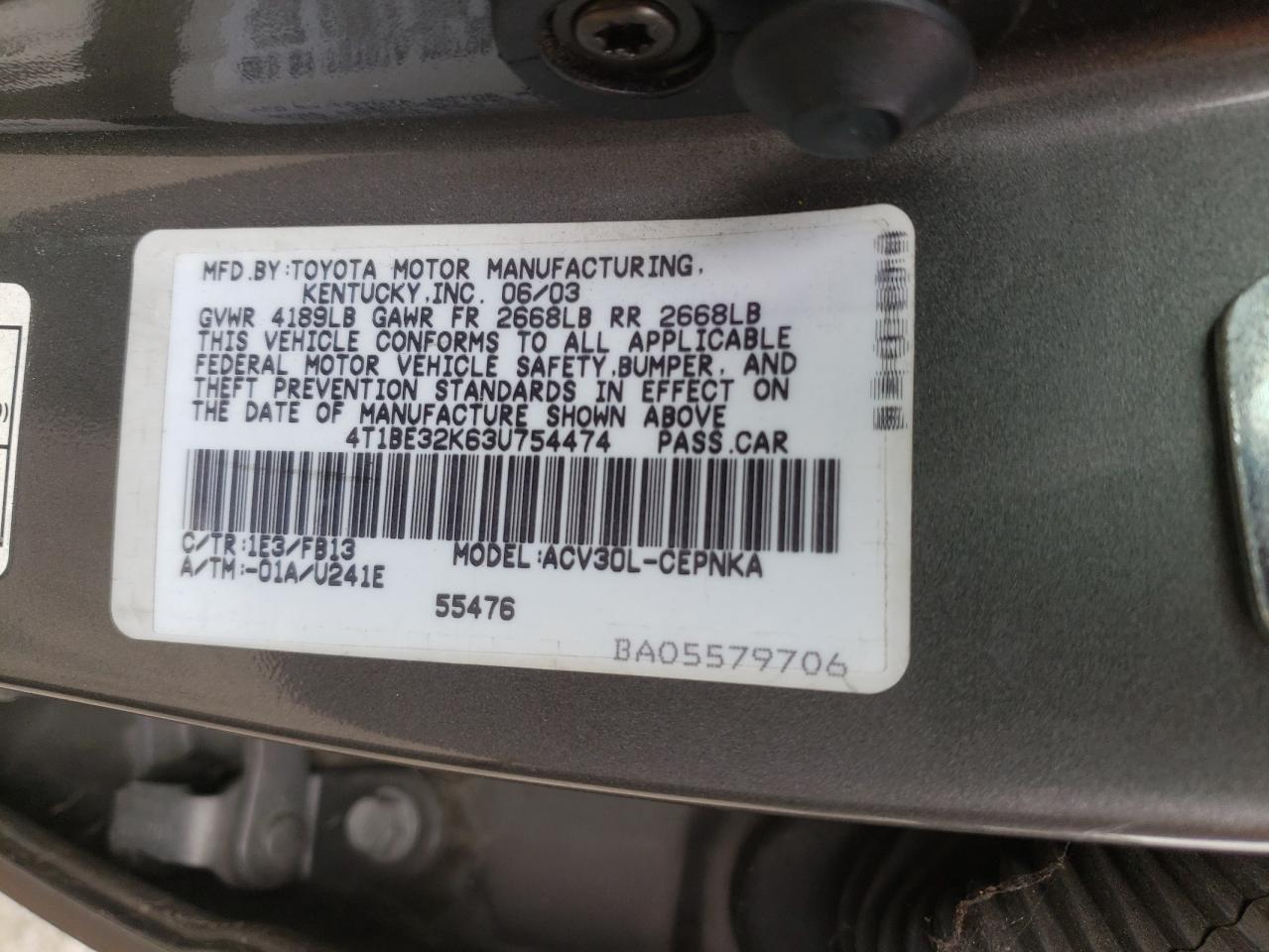 4T1BE32K63U754474 2003 Toyota Camry Le