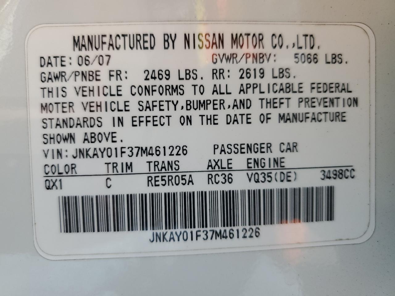 JNKAY01F37M461226 2007 Infiniti M35 Base