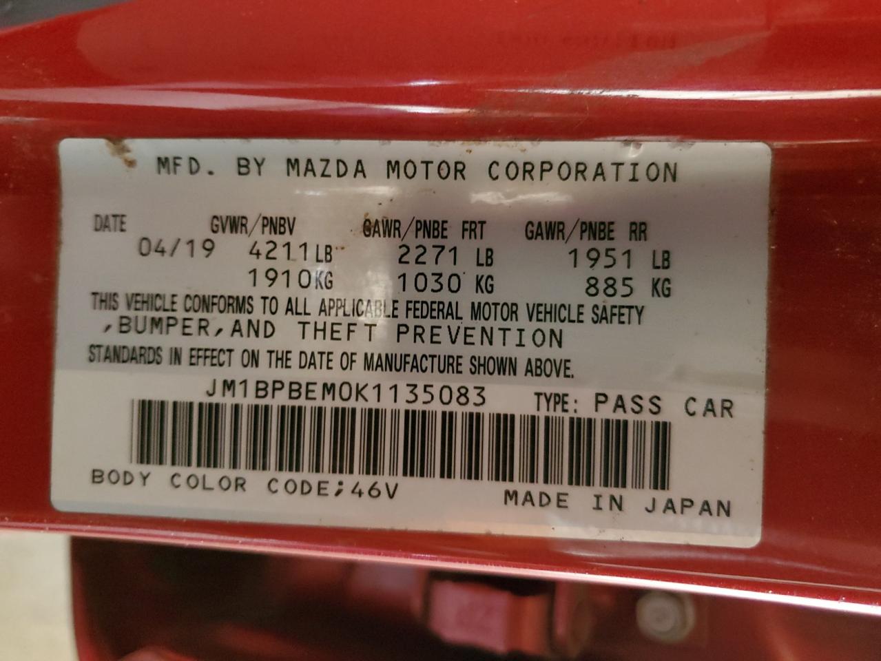 JM1BPBEM0K1135083 2019 Mazda 3 Premium