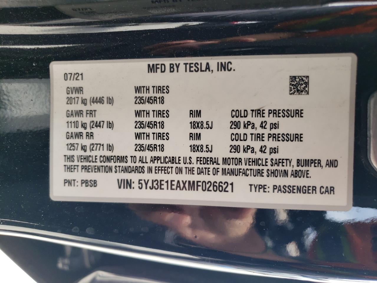 5YJ3E1EAXMF026621 2021 Tesla Model 3