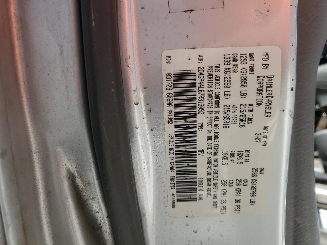 2D4GP44L67R313093 2007 Dodge Grand Caravan Sxt