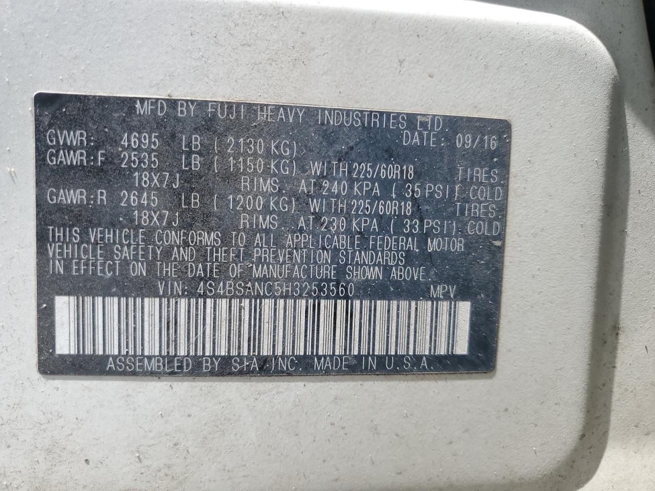 4S4BSANC5H3253560 2017 Subaru Outback 2.5I Limited