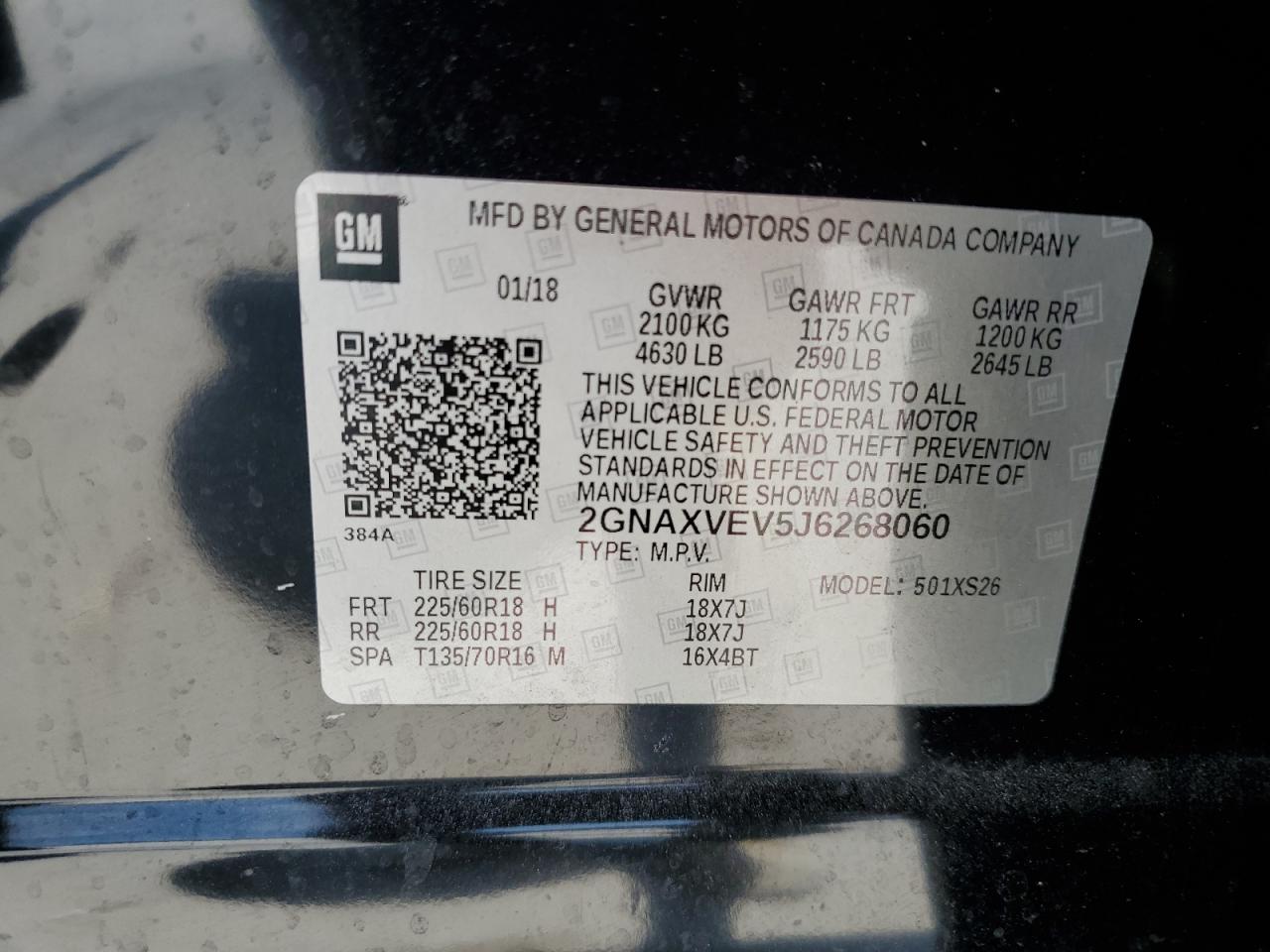 2GNAXVEV5J6268060 2018 Chevrolet Equinox Premier