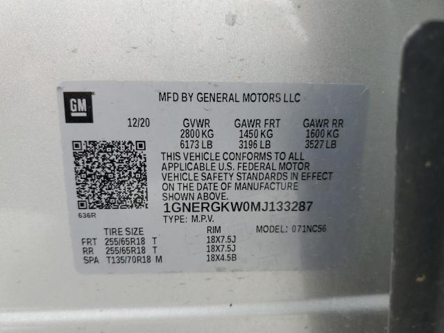 2021 Chevrolet Traverse Lt VIN: 1GNERGKW0MJ133287 Lot: 55381964