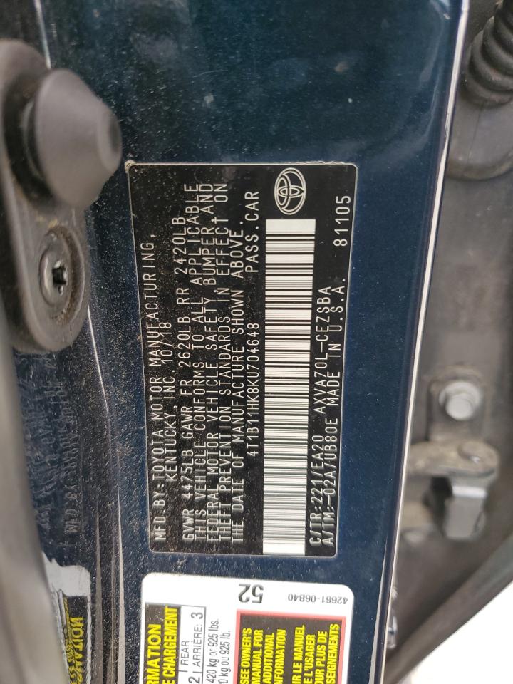 4T1B11HK8KU704648 2019 Toyota Camry L