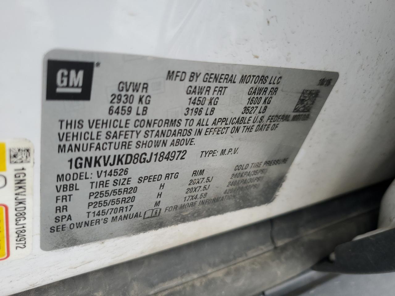 1GNKVJKD8GJ184972 2016 Chevrolet Traverse Ltz