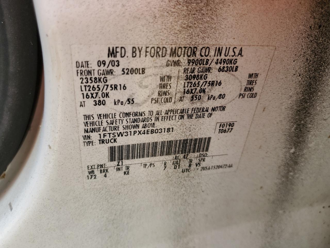 1FTSW31PX4EB03181 2004 Ford F350 Srw Super Duty