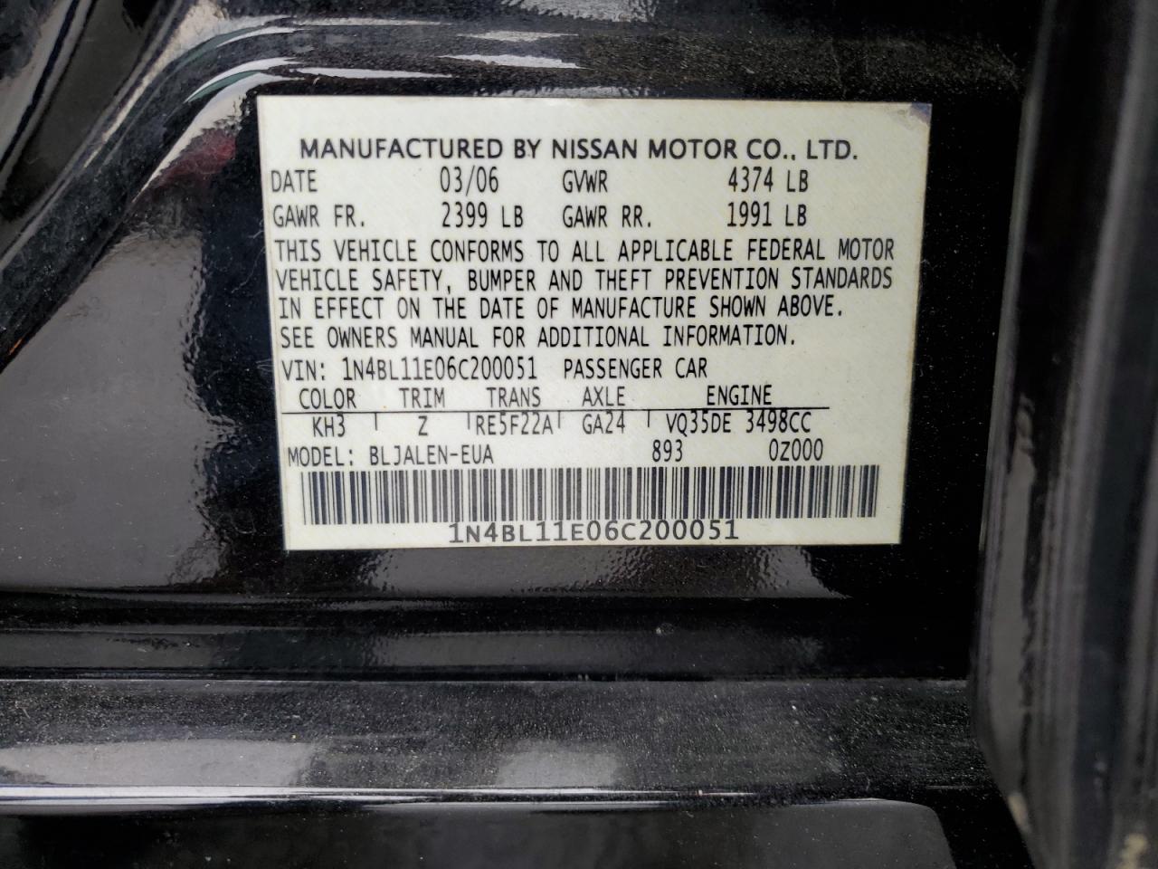 1N4BL11E06C200051 2006 Nissan Altima Se