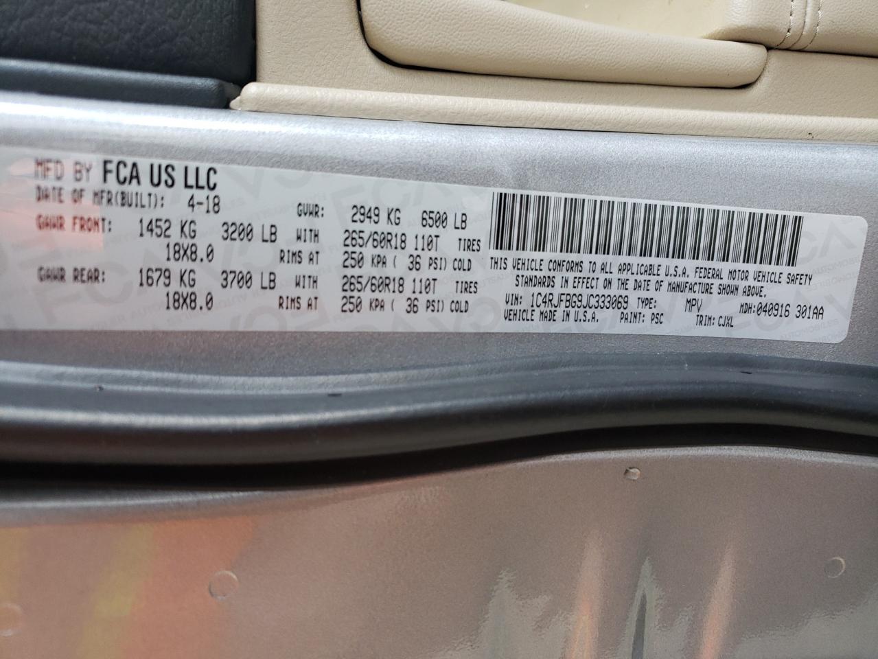 1C4RJFBG9JC333069 2018 Jeep Grand Cherokee Limited