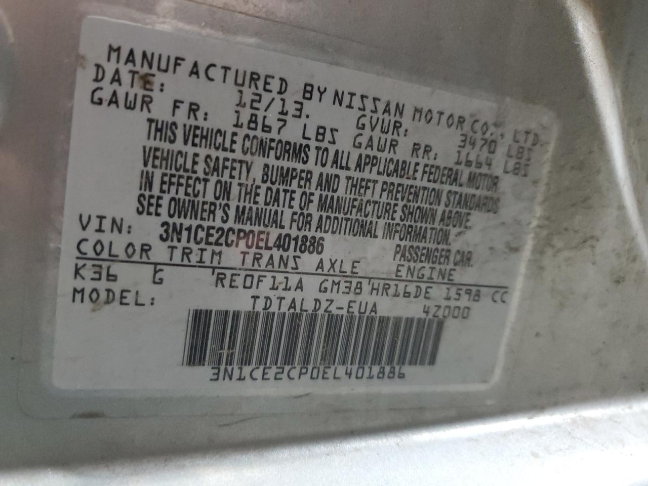 3N1CE2CP0EL401886 2014 Nissan Versa Note S