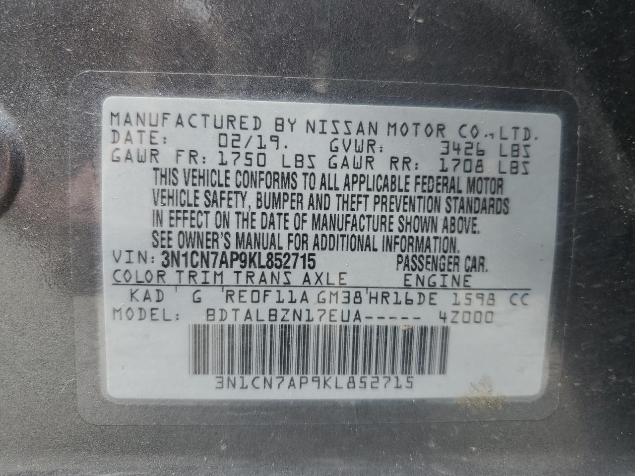 3N1CN7AP9KL852715 2019 Nissan Versa S