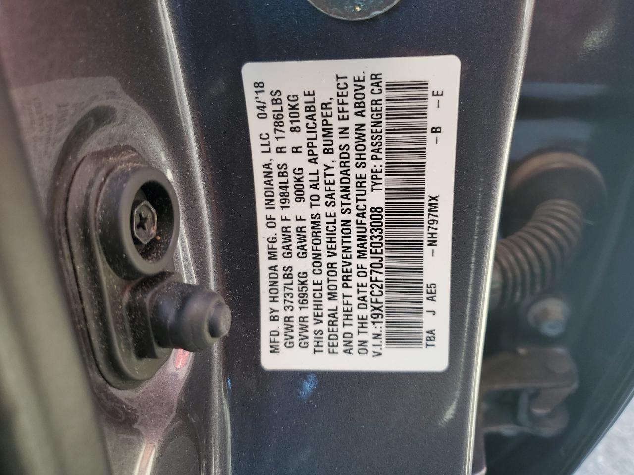 19XFC2F70JE033008 2018 Honda Civic Ex