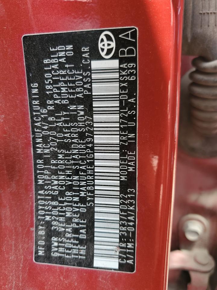 5YFBURHE1GP497237 2016 Toyota Corolla L