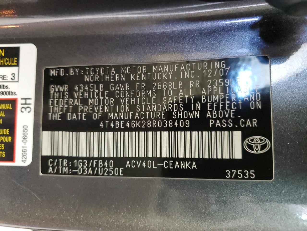 4T4BE46K28R038409 2008 Toyota Camry Ce