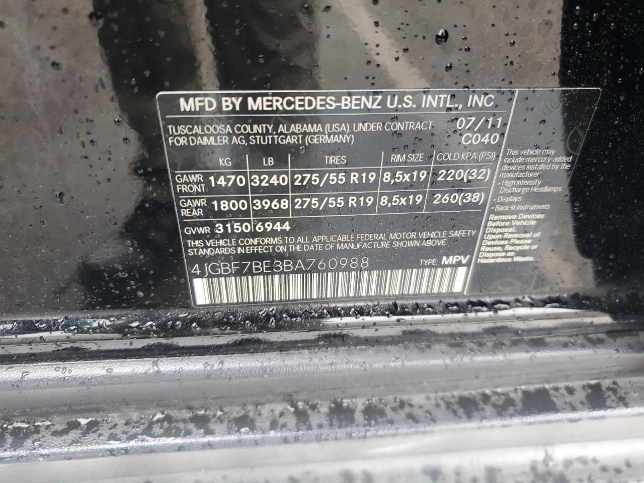 4JGBF7BE3BA760988 2011 Mercedes-Benz Gl 450 4Matic