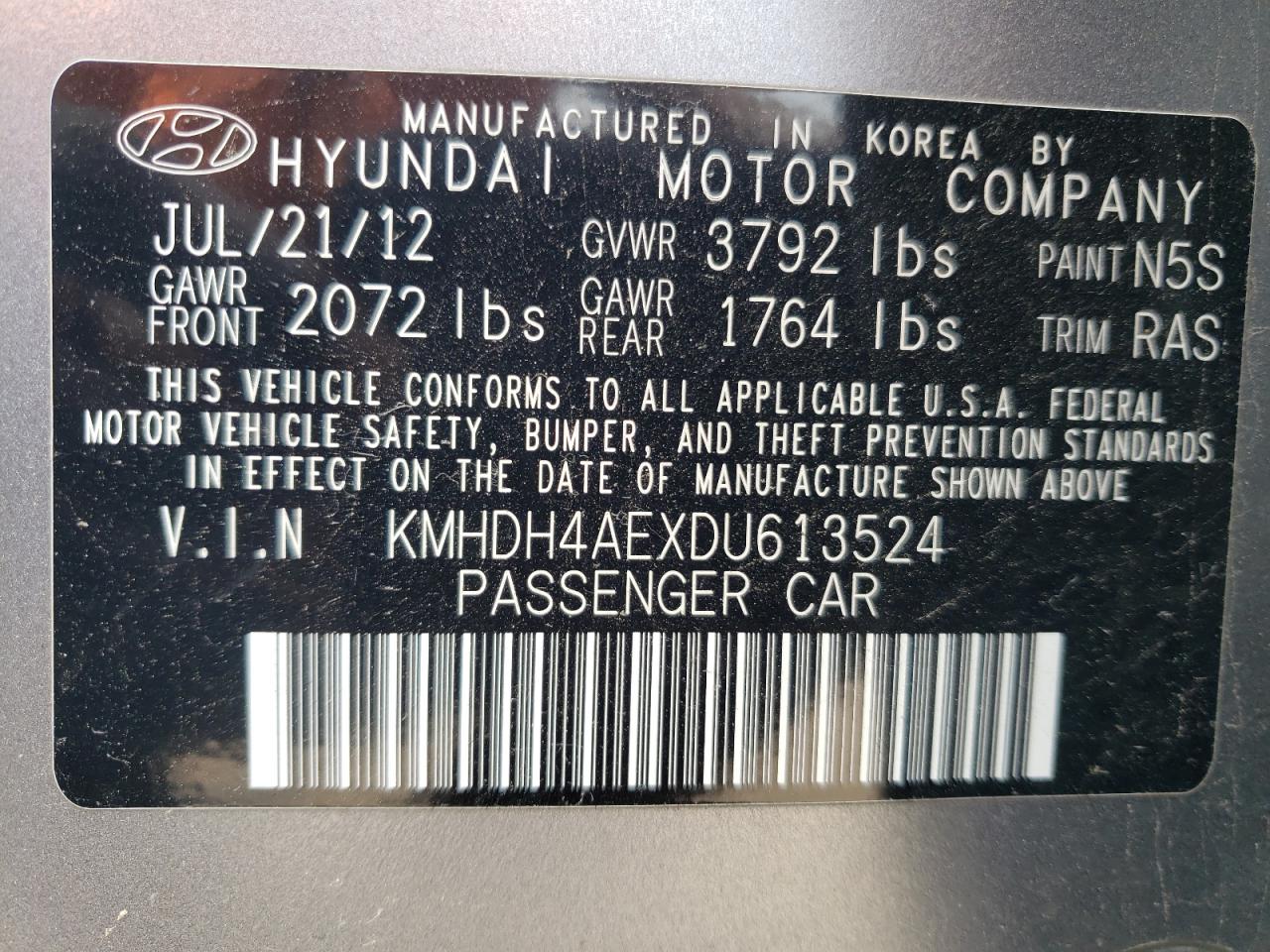 KMHDH4AEXDU613524 2013 Hyundai Elantra Gls