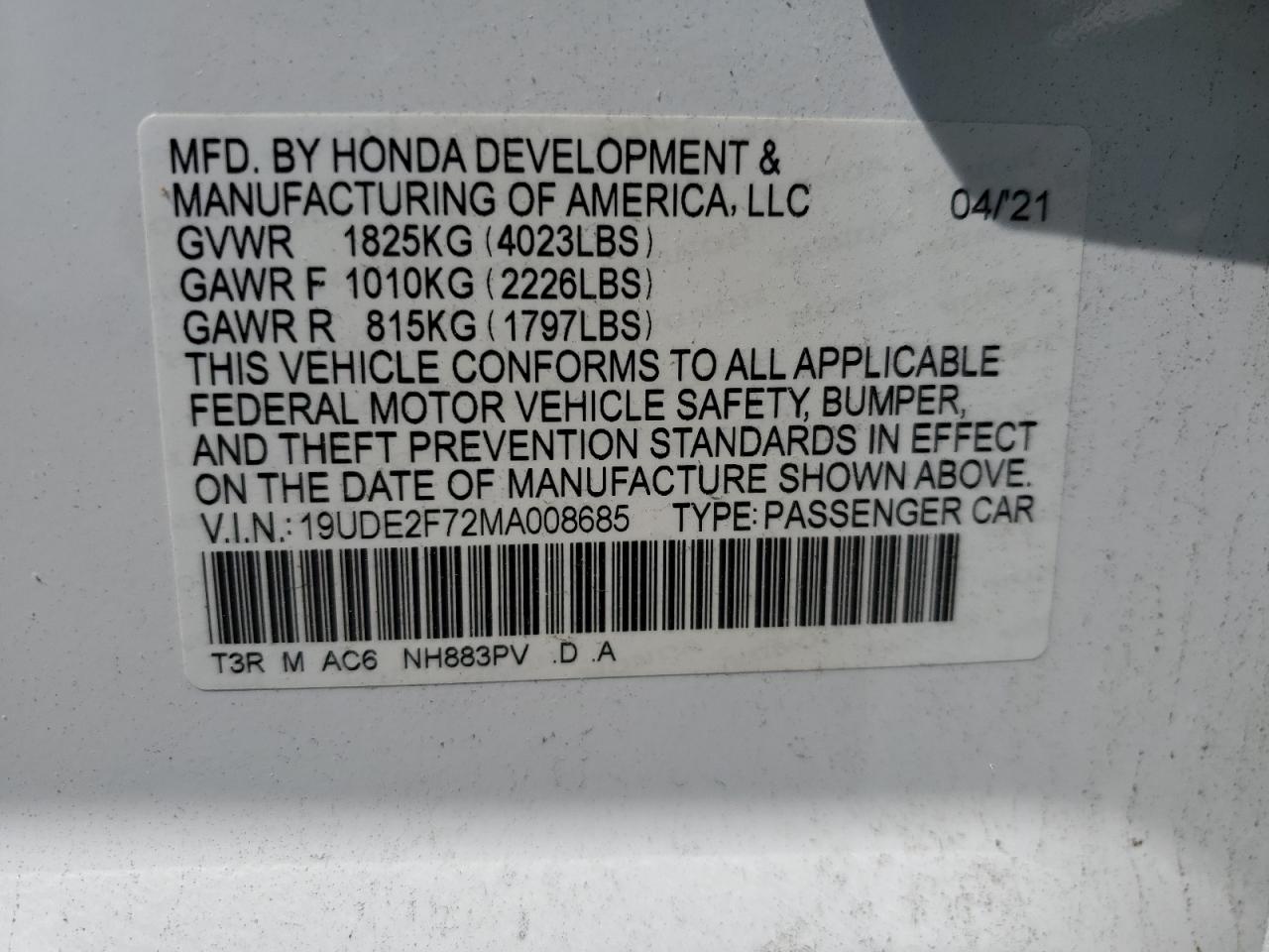 19UDE2F72MA008685 2021 Acura Ilx Premium