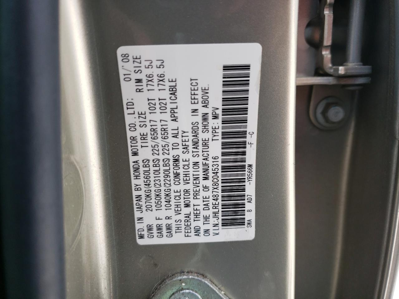 JHLRE487X8C045316 2008 Honda Cr-V Exl