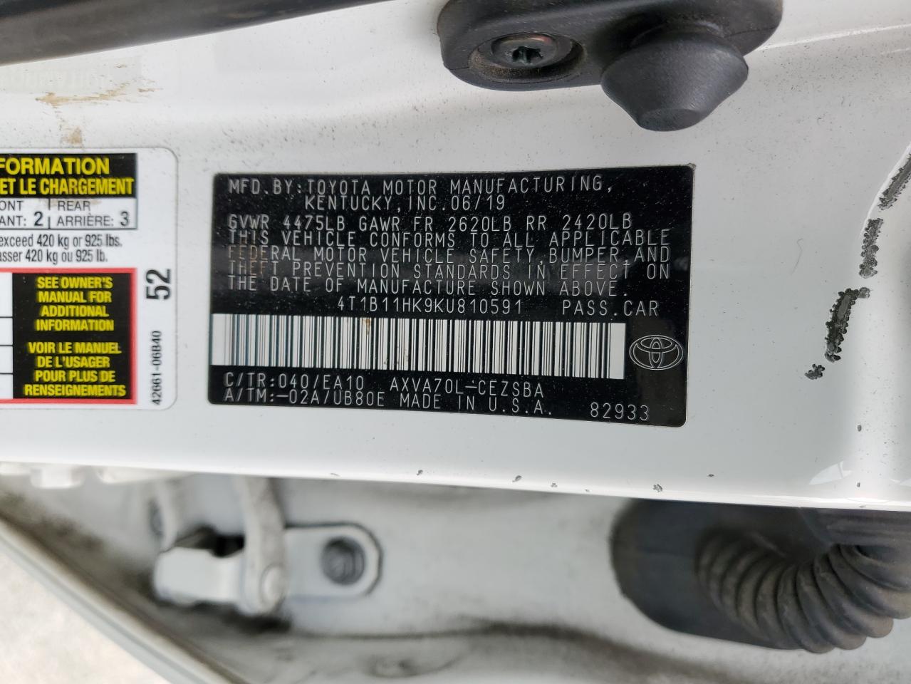 4T1B11HK9KU810591 2019 Toyota Camry L