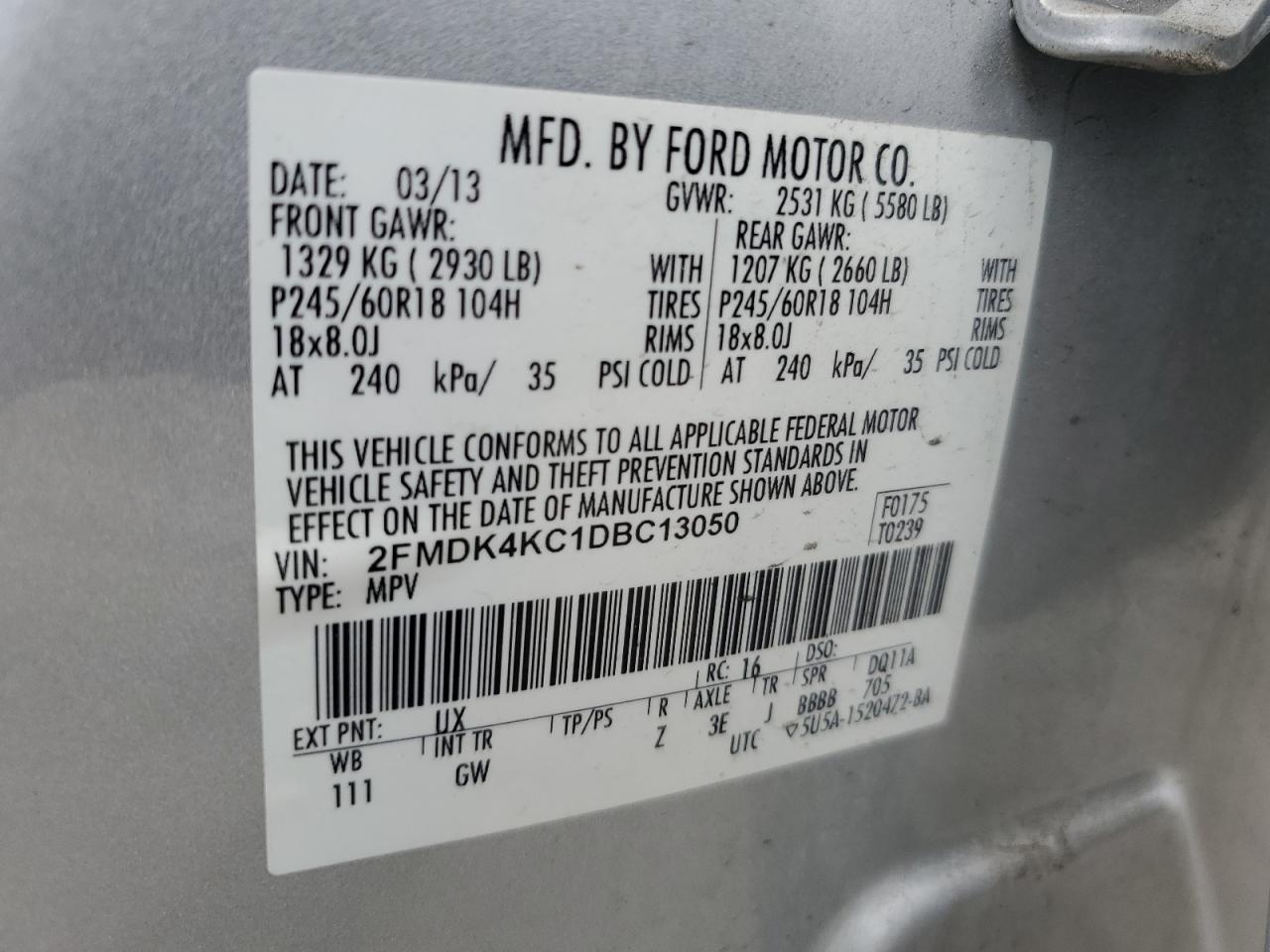 2FMDK4KC1DBC13050 2013 Ford Edge Limited