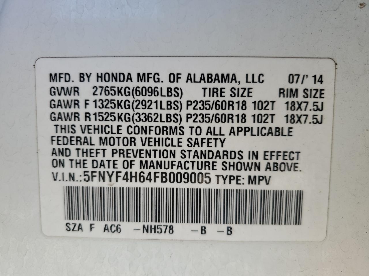 5FNYF4H64FB009005 2015 Honda Pilot Exl