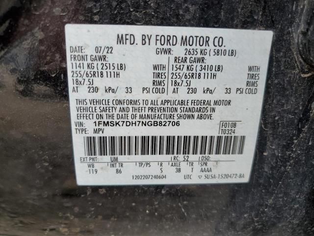 2022 Ford Explorer Xlt VIN: 1FMSK7DH7NGB82706 Lot: 52561944