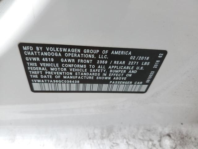 2016 Volkswagen Passat S VIN: 1VWAT7A36GC036438 Lot: 54648404